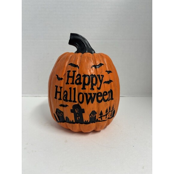 Happy Halloween Engraved Resin Pumpkin 7” Bats Headstones RIP Orange Black - Picture 1 of 7